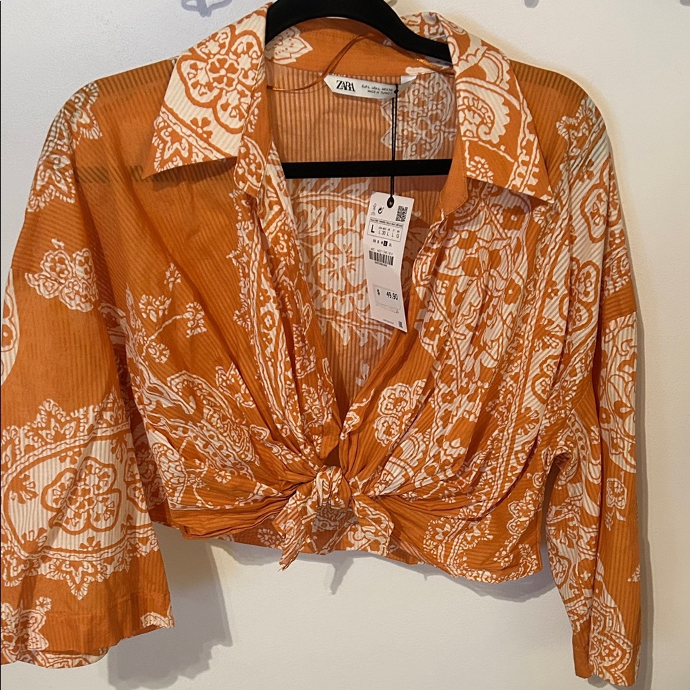 Zara Orange and White Patterned Blouse